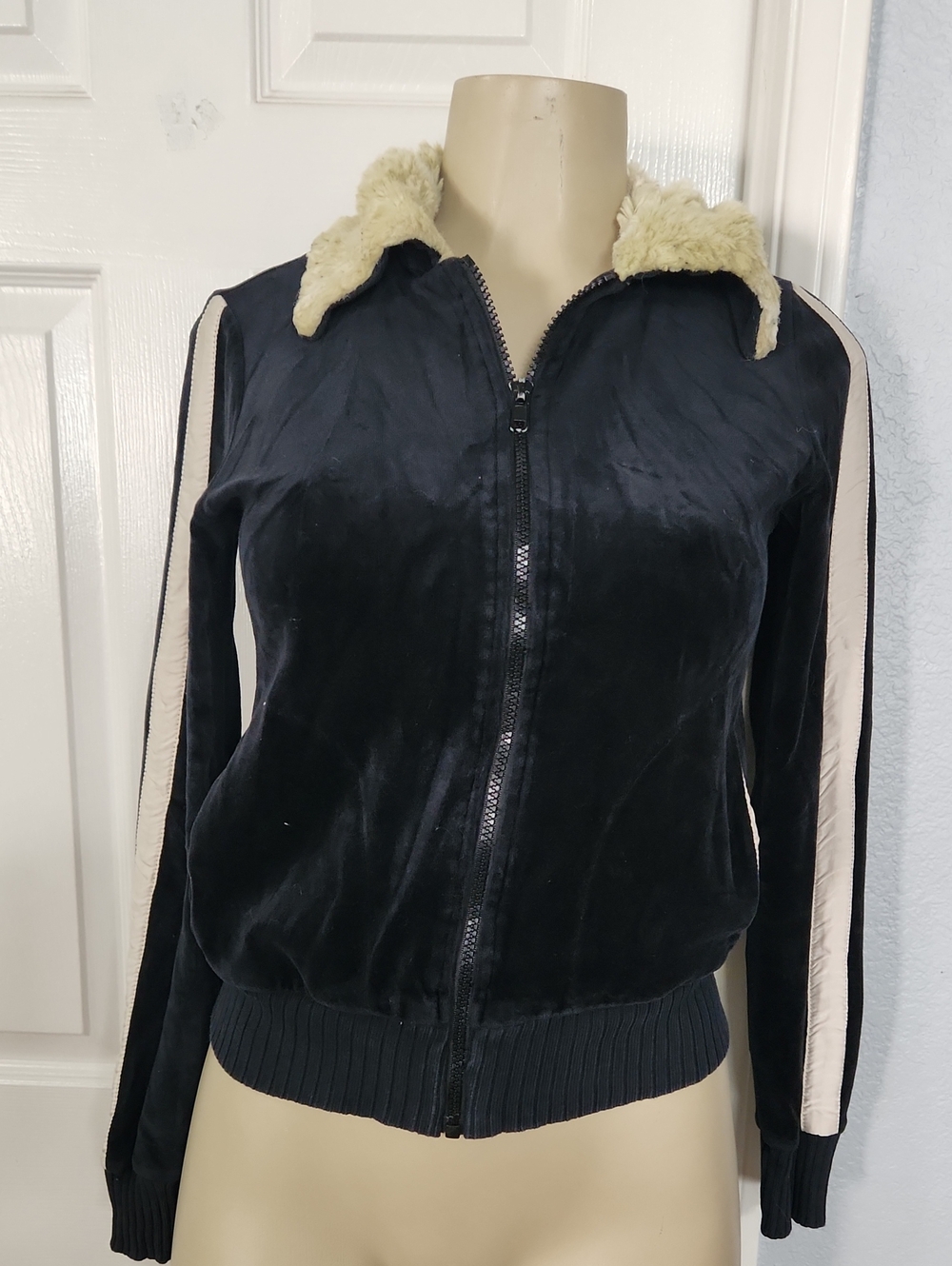 Black Bomber Jacket with Cream Faux Fur Collar and Sleeve Stripes sweater